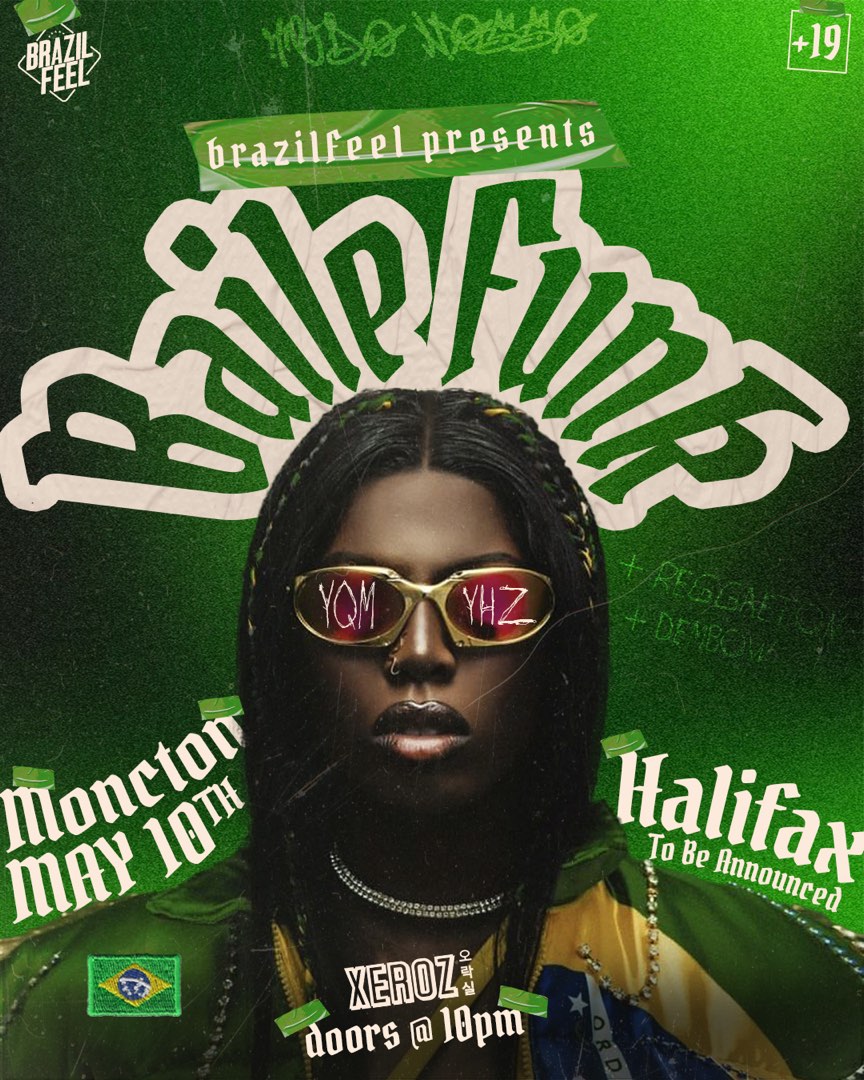 Green BrazilFeel Baile Funk event poster for May 19 in Moncton